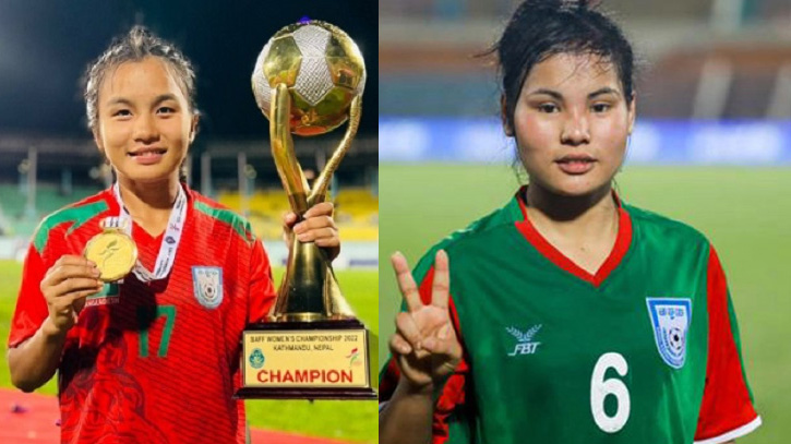 সাফজয়ী নারী ফুটবল দলের দুই পাহাড়ী কন্যা ঋতুপর্ণা চাকমা ও মনিকা চাকমা
