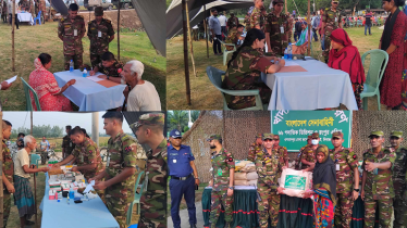 দিনাজপুরে সেনাবাহিনীর উদ্যোগে ফ্রি চিকিৎসা ও খাদ্য সামগ্রী বিতরণ