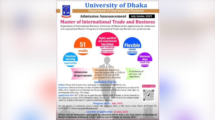 ঢাবিতে ‘মাস্টার্স অব ইন্টারন্যাশনাল ট্রেড অ্যান্ড বিজনেস’ প্রোগামে ভর্তির কার্যক্রম শুরু ঢাবিতে ‘মাস্টার্স অব ইন্টারন্যাশনাল ট্রেড অ্যান্ড বিজনেস’ প্রোগামে ভর্তির কার্যক্রম শুরু