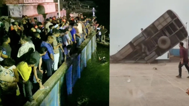 বাস ছিলো ৯০ ফিট পানির নিচে, টেনে তোলা হয়েছে ৫০ ফিট বাস ছিলো ৯০ ফিট পানির নিচে, টেনে তোলা হয়েছে ৫০ ফিট