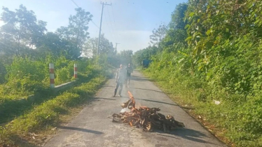 সাজেকের মাচালংয়ে সড়কে গাছের গুঁড়ি ও আগুন: ৯ম দিনেও সড়ক অবরোধ